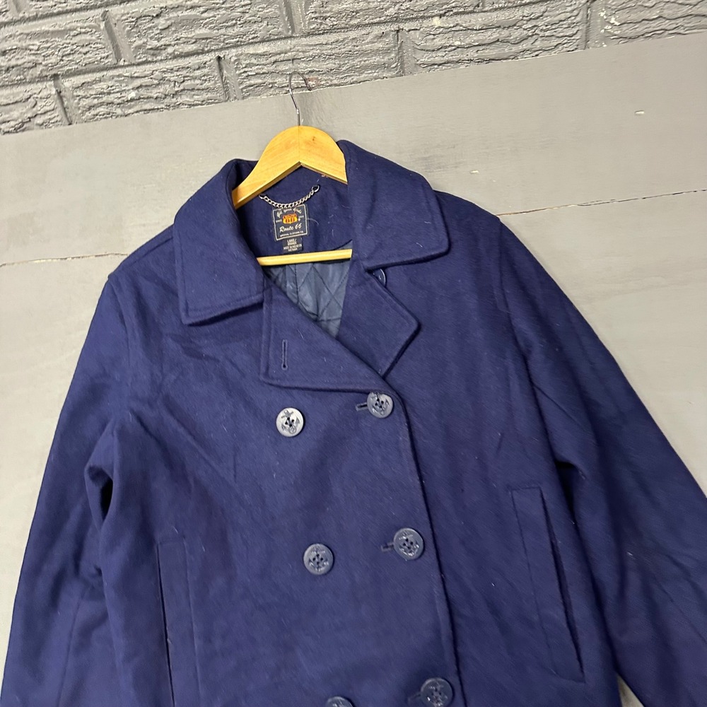 Route 66 Mens Navy Blue Double‎ Breasted Anchor Button Quilted Lined Pea Coat L